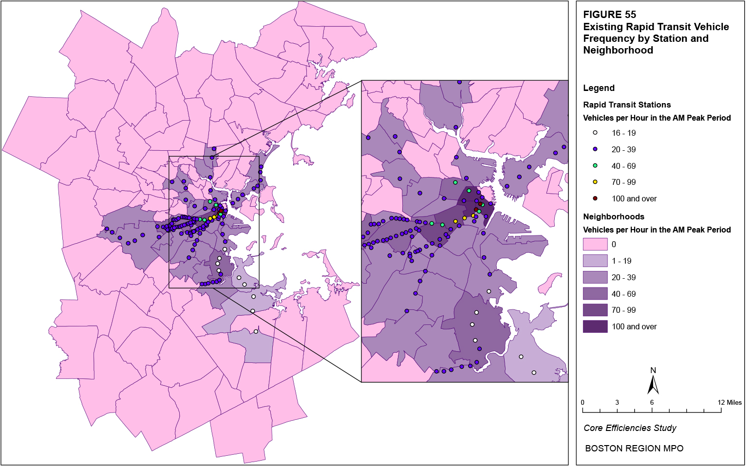 This map shows the existing AM peak rapid transit frequency (vehicles per hour) by station and neighborhood.